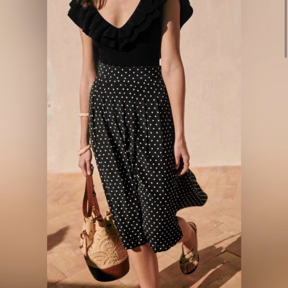 Sezane Alicia Black Midi Skirt with White Polka Dots